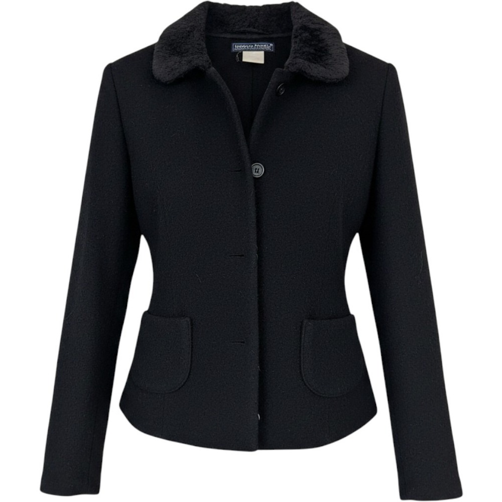 Harold Powell Black Wool Jacket Faux Fur Collar Made in Italy Women Size Small